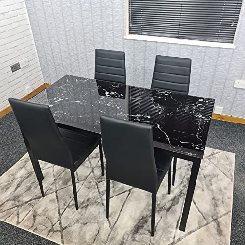 KOSY KOALA Dining Table and Chairs Set - Black Marble Effect Kitchen Table with 4 Black Faux Leather Dining Chairs - 4 Seater Modern Kitchen Room Furniture Sets - 120 x 70 x 75 cm