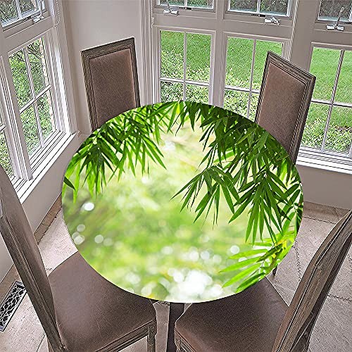 Morbuy Rund Tischdecke Elastisch, Lotuseffekt Tischdecke Abwaschbar Tischdecken Bambus Drucken Gartentischdecke Indoor Outdoor Tischtuch (Durchmesser 90cm,Grüne Blätter)