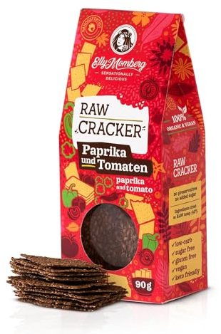 Elly Momberg Bio Leinsamen Cracker Tomate Paprika 90g (Paprika & Tomaten) – Keto, Low Carb, Glutenfrei, Vegan, Ohne Zuckerzusatz – Rohkost Crackers, Ballaststoffreich, Knuspriger Gesunder Snack