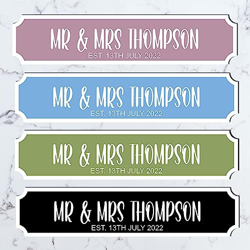 Pixie's Gifts Personalised Wooden Wedding Street Sign - Mr & Mrs Surname - Selectable Colour & Size - Perfect for Wedding Day, Anniversary, Celebrations - (Small - 290mm x 63mm, Mdf Wood Indoor Use)