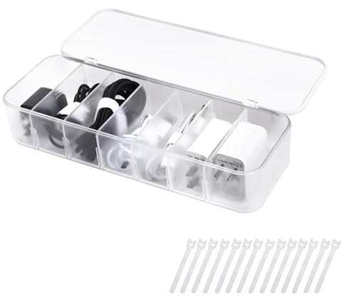 FRETONBA Kabel Aufbewahrungsbox, Transparent Kabel Organizer Box mit 7 Fächer und 7 Kabelbindern für die Aufbewahrung auf dem Schreibtisch, Büro