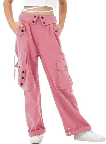 Rolanko Baggy Cargo Hose für Mädchen, Elastische Taille mit Mehreren Taschen Weites Bein Cargohose für Kinder, Rosa, Größe: 150/10-11 Jahre