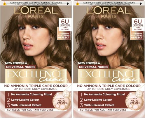 L’Oréal Excellence Permanent Hair Dye Colouring Cream, 100% Grey Coverage, With Pro-Keratin + Ammonia-Free, Universal Nudes, 6U Dark Blonde (Pack of 2)