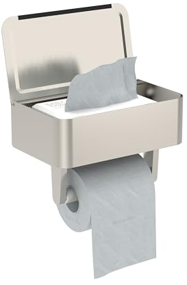 WZRUA Porte-papier toilette avec boîte à lingettes humides, porte-papier toilette avec étagère, support mural en acier inoxydable, distributeur de lingettes lavables et rangement pour la salle de bain