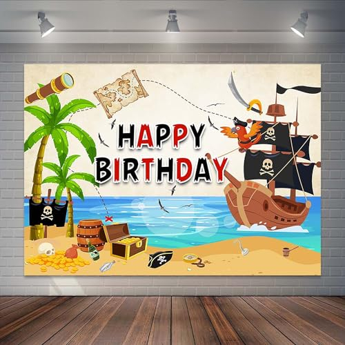 Joliaco Piraten-Geburtstagsparty-Hintergrund für Kinder, Jungen, Schatzkarte, Happy Birthday, Ahoi Matey Piratenschiff, Geburtstagsparty, Kuchen, Tischdekoration, Foto-Requisiten (2,1 x 1,5 m)