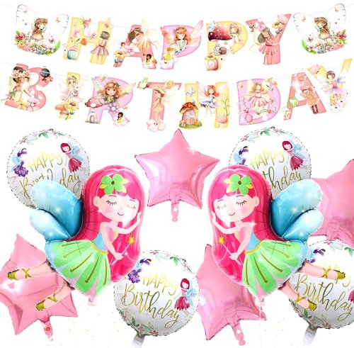 LaVenty Forest Fairy Banner Balloons Fairy Birthday Decoration Fee Geburtstag Party Dekoration Fee Luftballon Fee Woodland Geburtstag Party Supplies Gefälligkeiten