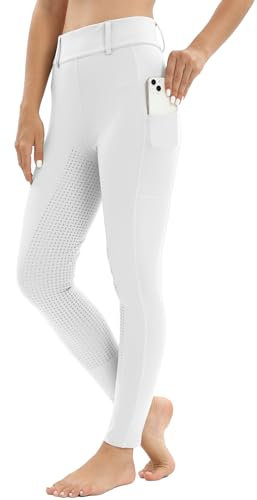 Havideto Reitleggings Damen Vollbesatz mit Handytasche, High Waist Reithose Damen Mädchen Stretch mit Gürtelschlaufen Weiß XL
