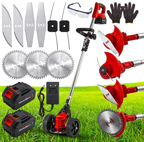 CHANGEMOORE 48V Garden Strimmer Cordless with 2x4000mAh Batteries, Charger and Blades, Telescopic Grass Trimmer with Detachable Wheel, 90° Head Pivots, 3 in 1 Cordless Grass Strimmer