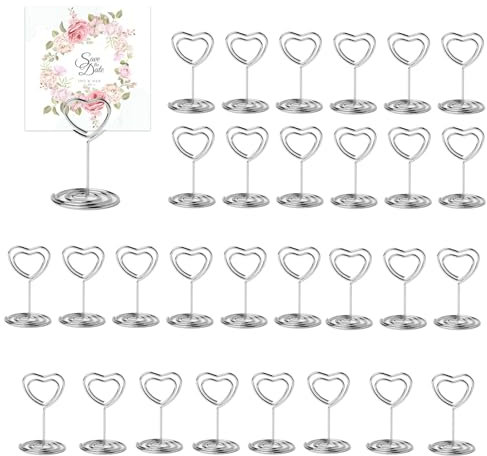 JRYGAC 30 Pièces Argent Porte Nom Table, Porte Photo Pince, Porte Photo sur Pied, Porte Cartes de Table pour Mariages, Porte Numero de Table, pour Banquets Fêtes Saint Valentin (En Forme de Coeur)