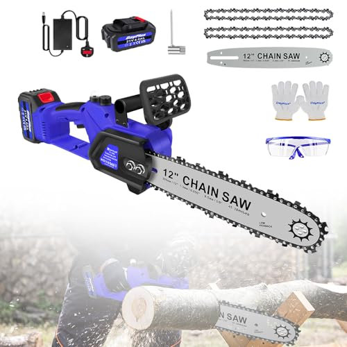 12 Inch Electric Chainsaw Lightweight Cordless Chainsaw Brushless Battery Chain Saw with Oiler System and Security Lock for Wood Cutting Tree Pruning Branches Trimming