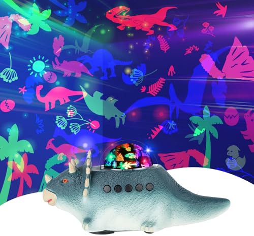 Longzhuo Veilleuse Dinosaure Enfant - Projecteur de Nuit 360° avec 12 Musiques & 6 Couleurs, pour Chambre Bébé et Enfant 2-10 Ans (Classe Énergétique A)