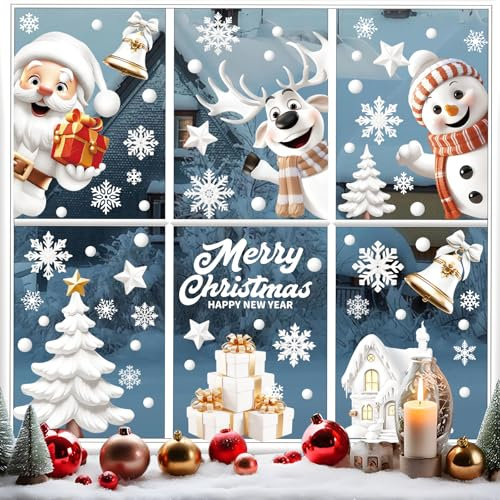 BOOMTOP 9Blatt Weihnachten Fensterbilder Selbstklebend Wehnachten Deko Fenster Aufkleber Merry Christmas Santa Schneeflocken Schneemann Rentier Fenster Abziehbilder Wand Fenstersticker Weiß Gold B