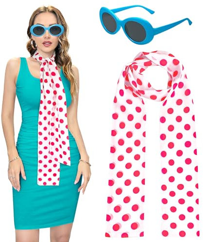 Alaxciax Rosa Polka Dot Schal mit blauem Rahmen polarisierte Sonnenbrille, Lucy Kostüm Zubehör für Frauen Mädchen für Karneval Fasching Mottoparty (Rosa Polka Dot Schal)