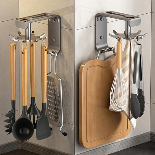 DEPAOTLUX 2 piezas Soporte de Utensilios Cocina con 8 Ganchos,360 ° Giratorio Utensilios de Cocina Rack,Metal Colgante de pared Utensilios en Cocina Ganchos (Gris)