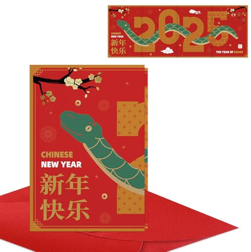 D4DREAM Glückwunschkarte zum chinesischen Neujahr 2025 – Faltkarte zum Jahr der Schlange mit Umschlägen, chinesische Neujahrskarten für Kinder, chinesisches Neujahr, Schlangen-Geschenkkarten,