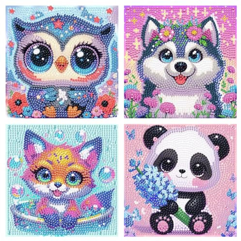 TECHO Diamond Painting Kids Brillante, Diamante Painting Cuadros DIY, Diamante Painting Animales, Pintura Diamante Infantil para Regalo, Dibujos con Diamantes para Casa Decoración, 4 Piezas 15x15cm