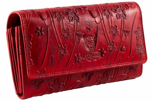 MATADOR Budapest XL Porte-monnaie en Cuir pour Femme avec Boîte Cadeau | Grand Portefeuille avec Bloqueur RFID | Fleurs Rouge