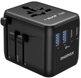MOMAX Universal Travel Adapter,70W GaN Travel Plug Adapter with UK/EU/AU/US Plugs, 2AC, 3USB-C PD & 2USB-A QC International Adapter Charger, Adapter Plug for Laptops Tablets Phones