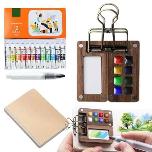 CEWROM Tragbares Skizzenbuch-Paletten-Set, Mini Aquarell Set, Pocketartist Travel Watercolor Wood Aquarell Skizzenbuch Maler Clips für Maler, Künstler, Studenten (8 Gitter)