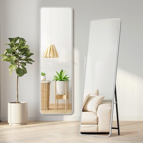 Warmiehomy 160X50cm Wooden Frame Full Length Mirror, Rectangular Standing Full Body Mirror, Hanging or Leaning Against Wall for Bedroom Cloakroom Living Room, White