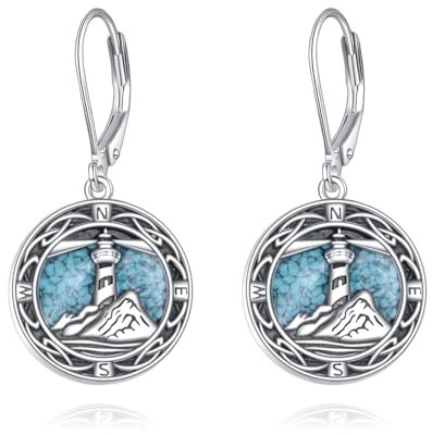 Kompass Leuchtturm Ohrringe 925er Sterlingsilber Kompass Leuchtturm türkis baumelnde Tropfenohrringe Kompass Schmuck Geschenk für Männer und Frauen