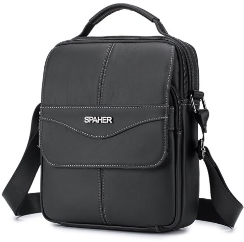 SPAHER Umhängetasche Leder Herren Herrentasche Zum Umhängen Schultertasche für 11 Zoll iPad Herrenhandtasche Groß Männertasche Crossbody Messenger Bag Handgelenktasche Business Tasche Schwarz