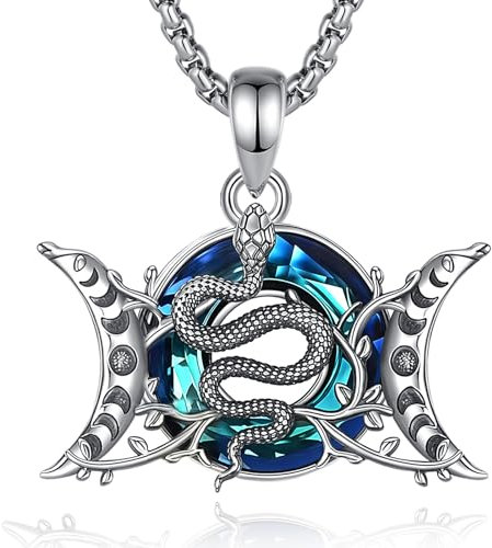 CELESTIA Halskette Damen Silber 925 Dreifachmond Hekate Schlangen Lilith Anhänger mit Austria-Kristall Hexen Schmuck Spirituelle Geschenke zum Geburtstag Valentinstag Muttertag