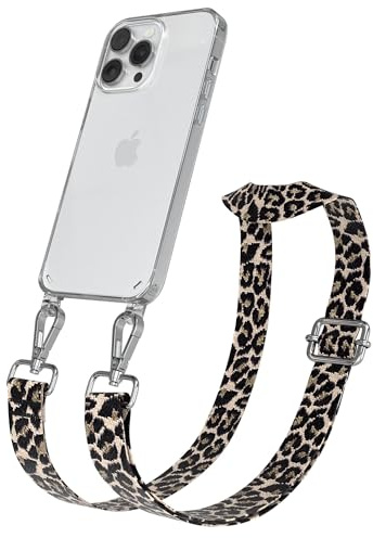 EAZY CASE Handykette - Verstellbares Taschenband kompatibel mit iPhone 14 Pro Max, Schulterriemen, Handykordel mit Silikon Hülle, Umhängetasche, Leo - Schwarz Beige Silber