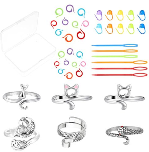 Nogeqi 42 Stück Häkelringe Finger Verstellbare Häkelring Strickfingerhut Fadenführer Ring mit Stopfnadel Metall Verstellbare Crochet Häkeln Ring Strick Häkel Zubehör für DIY Strickhandwerk