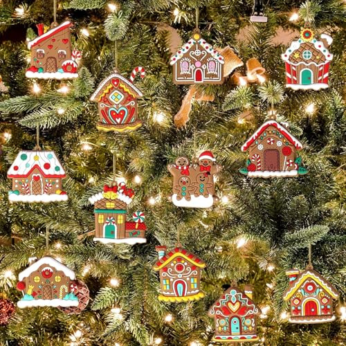 UCLEVER 12pcs Gingerbread House Ornaments for Christmas Tree, Assorted Gingerbread Figurines Wooden Ornaments, Christmas Tree Hanging Decorations, 3 Inch Tall (12, gingerbread house)