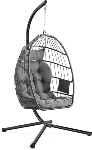 SONGMICS Outdoor Hanging Egg Chair, Foldable Removable Basket | Height-Adjustable Swing Chair, Side Pocket, Cushion, for Living Room, Garden, Balcony, Grey, SOGNIA Collection GDC050GZ02