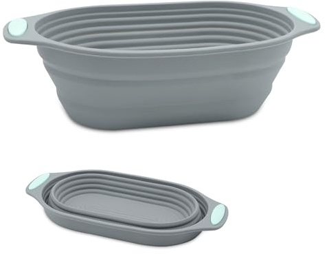 Gärkörbchen Oval, 10 Zoll Faltbarer Silikon Gähr Körbchen | Brot Backen Zubehör, für Backen und Aufgehenlassen von Handwerklich Hergestelltem Brot (Grau)