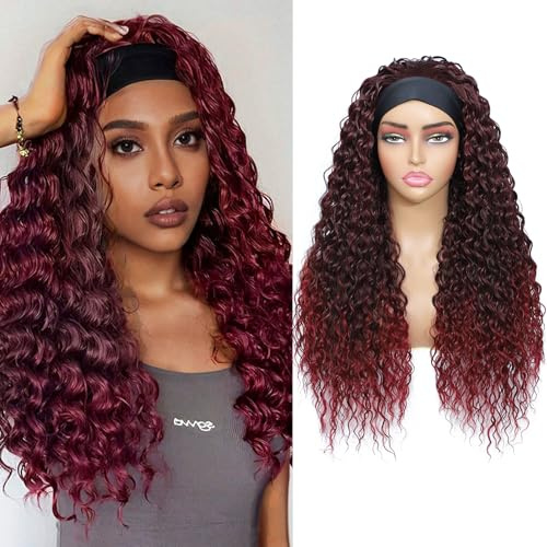 Yacurcur Curly Stirnband Perücke Lose Wasser Welle Stirnband Perücken Keine Spitze Perücke Klebstoff für Frauen Synthetische 150% Dichte Burgund Rot 24 Zoll (BUG)