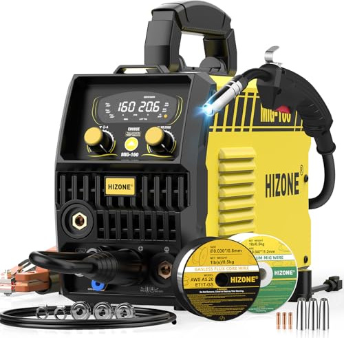 HIZONE Saldatrice MIG in alluminio 6 in 1, 160 A, 110 V/220 V, Flux Core MIG/Gas MIG/Lift TIG/Stick Saldatrice multiprocesso con sinergia, ideale per principianti