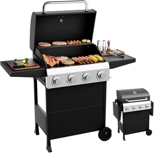 Outopee Barbecue a gas propano a 4 fuochi, barbecue portatile con coperchio, tavolini pieghevoli e griglie in ghisa smaltata, barbecue da cucina all'aperto per patio, campeggio, cortile