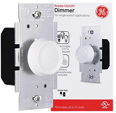 GE Single Pole Rotating Dimmer Switch, Rotate On/Off, Use with Dimmable LED, CFL, and Incandescent Bulbs, Includes Two Knob Colors, UL Listed, White/Light Almond, 18021