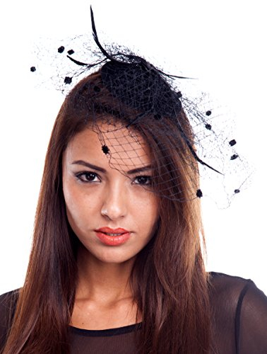 jowiha® Hut mit Schleier für Damen Minihut Fascinator mit Satinrose und Federn (Schwarz)