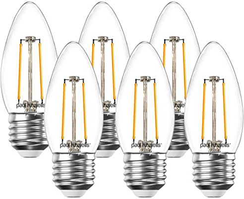 paul russells LED Candle Filament Light – 2.5W 25W Equivalent Replacement, 250LM Lumens, 2700K Warm White, ES E27 Edison Screw C35 Bulbs – Bright Energy Saving Non-Dimmable Lamps - Pack of 6