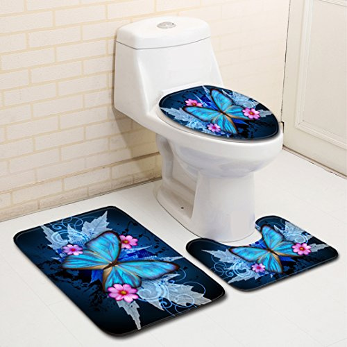 Badematte Set 3 Teilig Flanell, Toilettenmatte Set, Moon mood® Schmetterlinge Muster 3 - teilig PVC Badgarnitur Badematte rutschfester Badvorleger Badset Badteppich Stand-WC, Rechteckiges