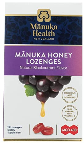 Manuka Health Lozenges Honey Blackcurrant Flavour, Vegan, Natural Ingredients, 15 Pack (Pack of 1)