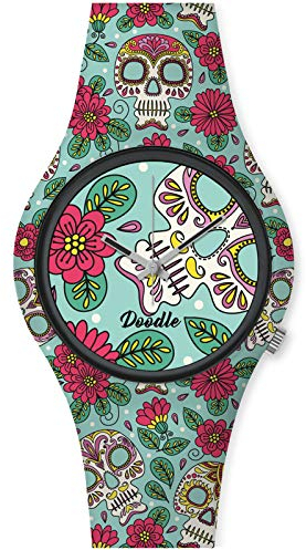 Doodle Watch Damenuhr Nature Mood Tattoouhr Totenkopf Skull Blumen Grün DO35012