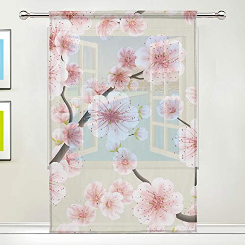 BIGJOKE Fenster-Vorhang mit japanischen Kirschblüten für Küche, Wohnzimmer, Dekoration, Schlafzimmer, Büro, Voile, 1 Stück