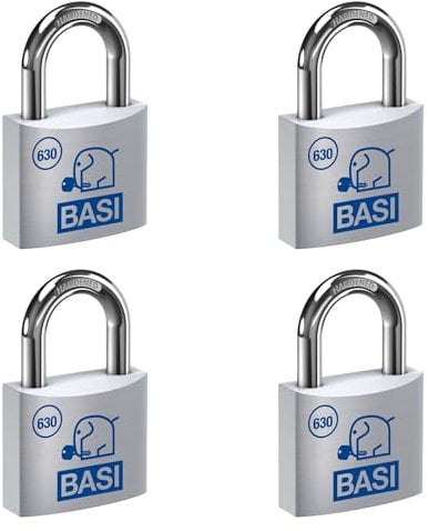 BASI | Vorhangschloss 4er Set | 30 mm | gleichschließend | massives Aluminium-Gehäuse | gehärteter Stahlbügel | sicheres Vorhängeschloss gleichsperrend | Bügelstärke 5 mm | 4 Stück