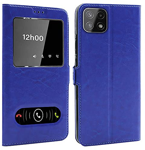 CEKA TECH Coque pour Samsung Galaxy A22 5G (6,6 Pouces), Etui Housse avec FENETRES, Pochette Magnétique pour (Samsung A22 5G) - Bleu