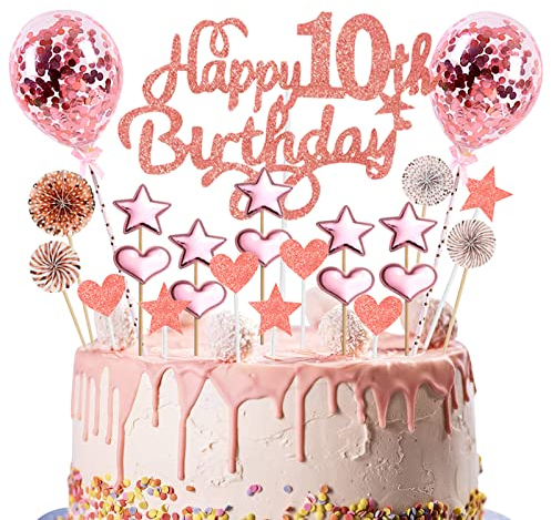 Happy Birthday Cake Topper 10th, 23pcs Rose Gold Glitter Happy 10th Birthday Cake Topper Kit with Star Heart Paper Fan Confetti Balloon, Cupcake Topper for Girls 10th Birthday Party Cake Decorations