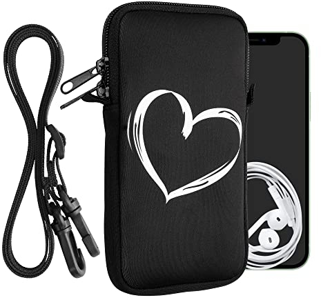 kwmobile Handytasche für Smartphones XXL - 7 - Neopren Handy Hülle Weiß Schwarz - Handy Tasche mit Kette 17,7 x 8,5 cm Innenmaße - Herz Brush