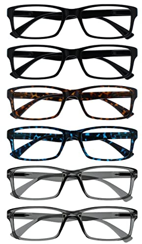 OPULIZE PEP Classic Reading Glasses for Women Men, Scratch Resistant Rectangular Frame with Spring Hinges, Black, Brown, Blue, Grey, +1.5 (Pack of 6)