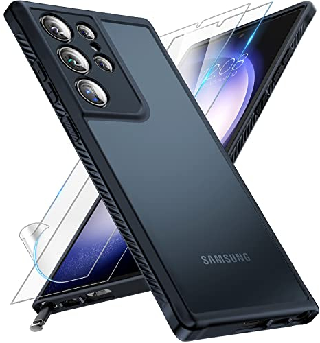 TOCOL 3 in 1 for Samsung Galaxy S23 Ultra Case, with 2 Pack Flexible Screen Protector [Upgraded Full Camera Protection] [Military Grade Drop] Translucent Matte Back, Non-Slip for S23 Ultra 6.8, Black