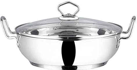 Devyom Stainless Steel Induction Base Kadai Wok with Glass Lid Frypan All Hobs | Size :- 20cm (Capacity 2 litres) (Induction Friendly)