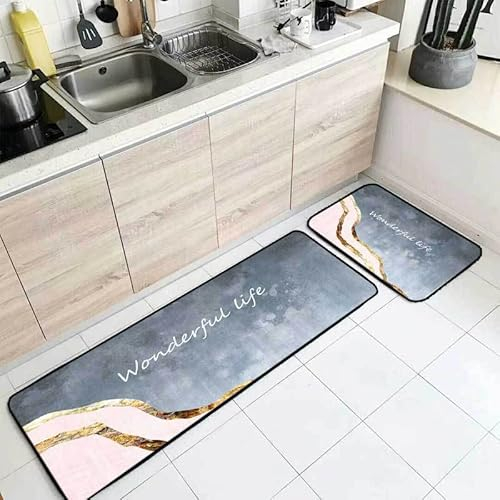 DIPACE Küchenteppiche rutschfest, 2 Stück Modern Rosa Grau Küchenmatte Anti-Ermüdungs-Stehmatte Bereichsteppiche Anti-Ermüdungsmatte Für Küche Büro,40 * 60cm+40 * 120cm